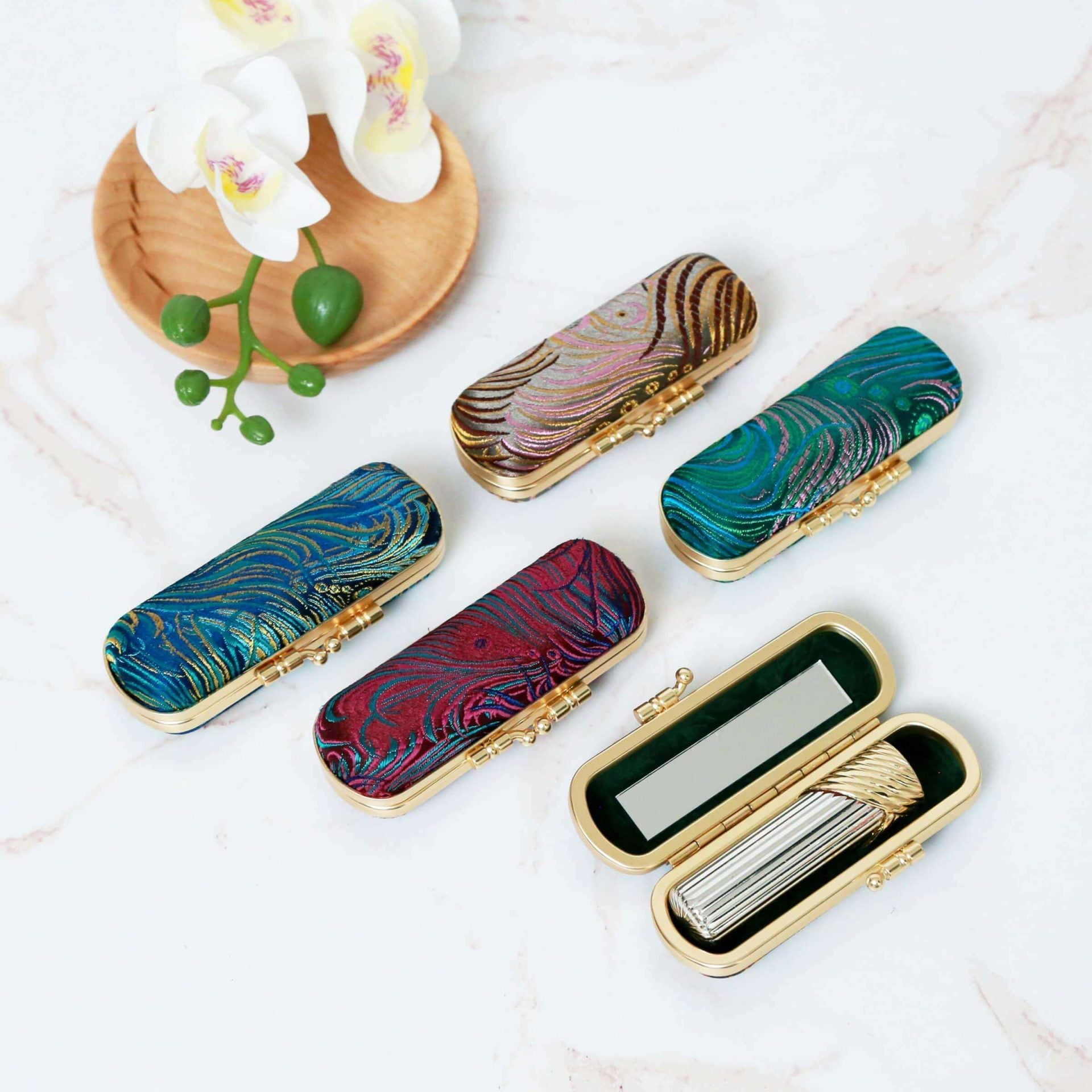 Peacock Brocade Lipstick Holder with Mirror