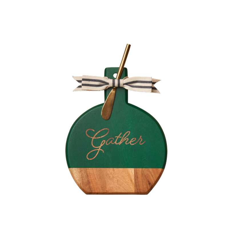 Acacia Bevel Board Green w/ Ribbon & Gold Spreader Knife | Gather | 9.75 x 8"