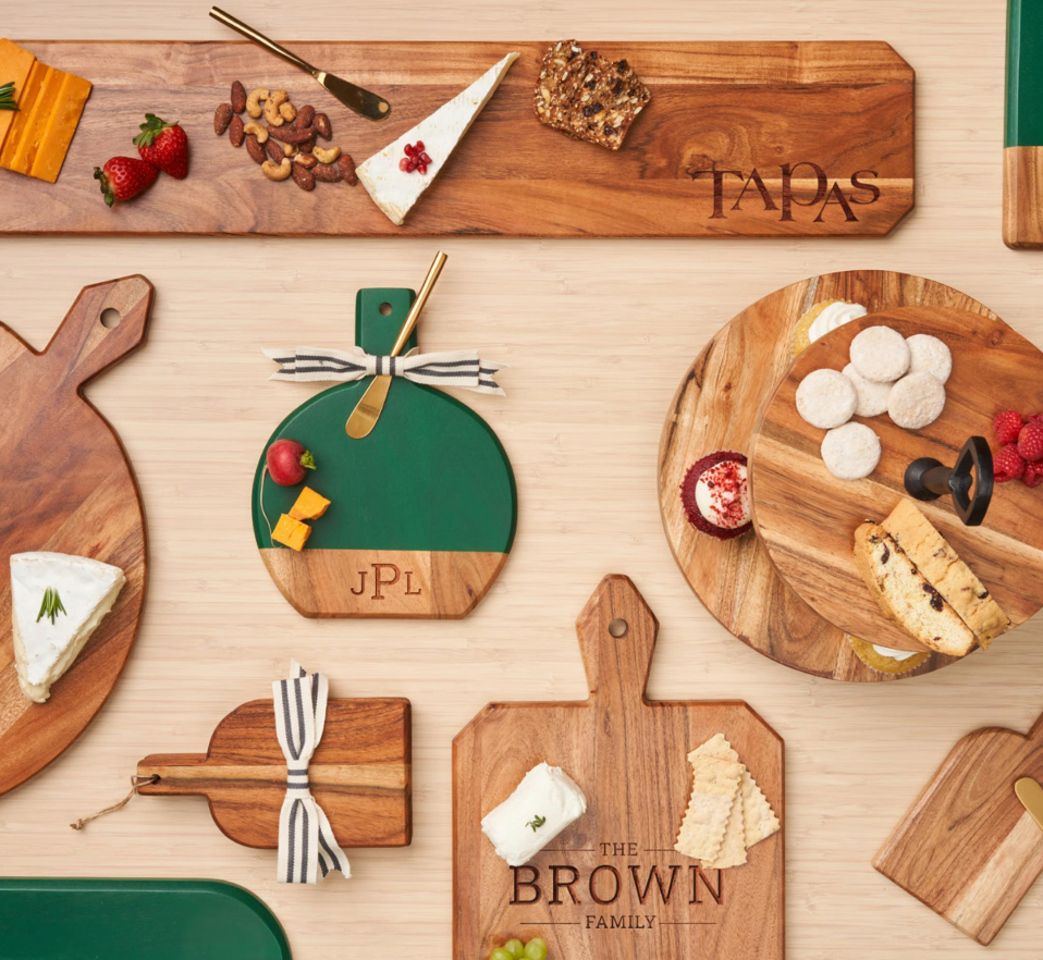 Acacia Bevel Board Green w/ Ribbon & Gold Spreader Knife | Gather | 9.75 x 8"