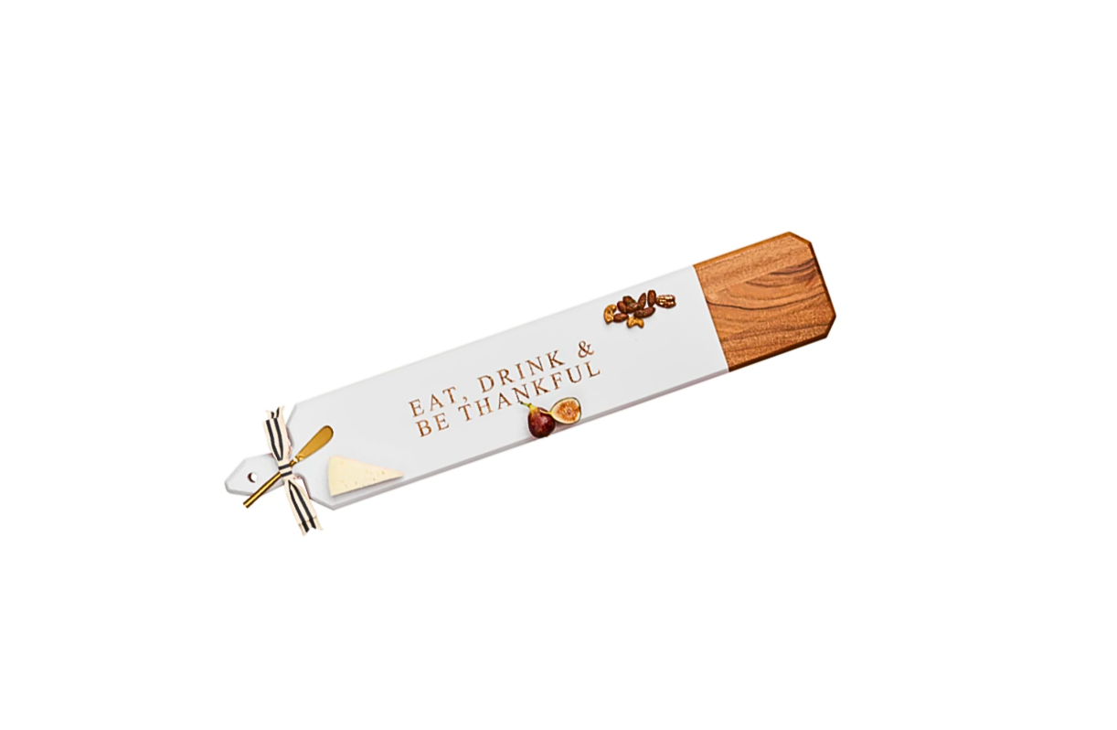 Acacia Heirloom Board Skinny In White Color w/ Gold Spreader & Ribbon | Eat Drink & Be Thankful | 34 x 6"