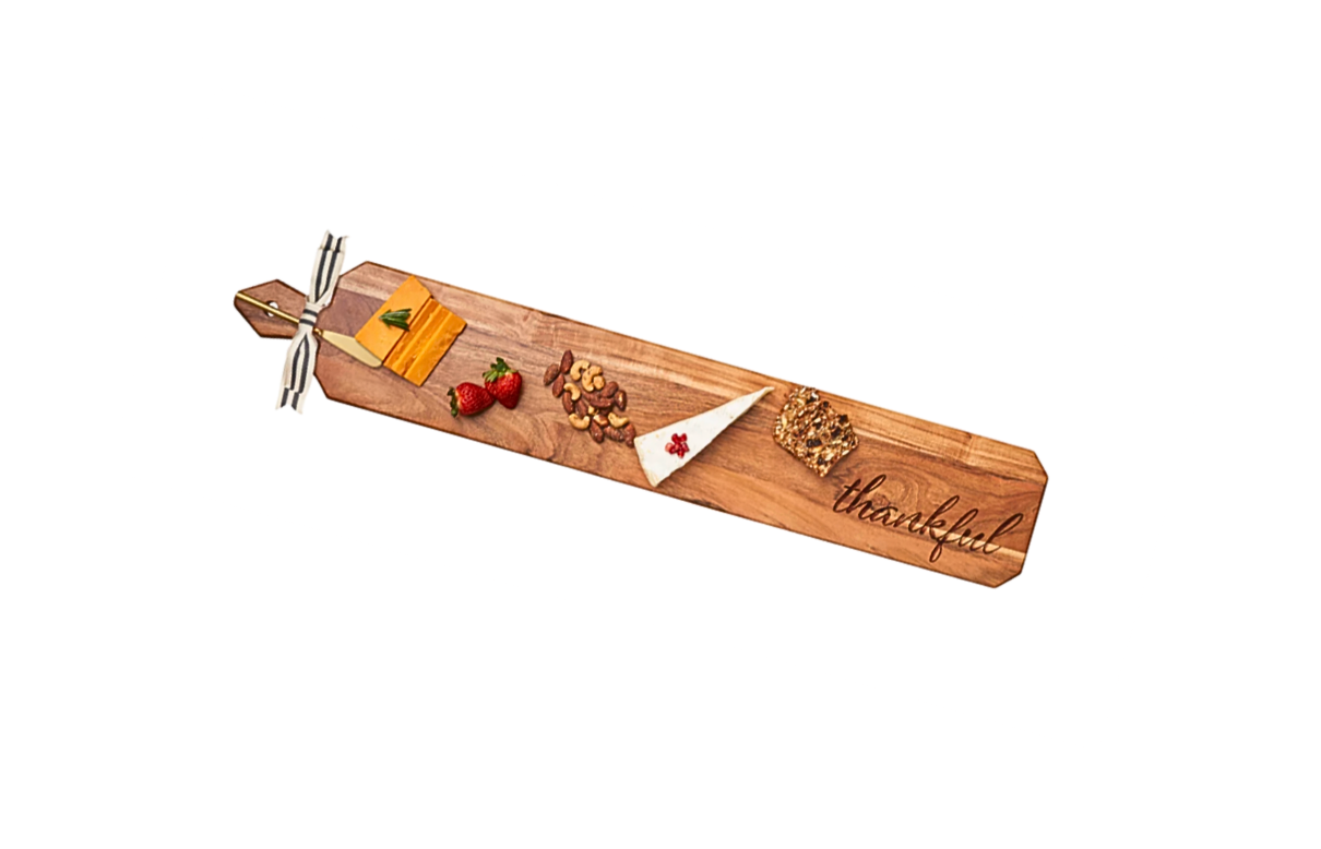 Acacia Heirloom Board Skinny w/ Gold Spreader & Ribbon | Thankful | 34 x 6"