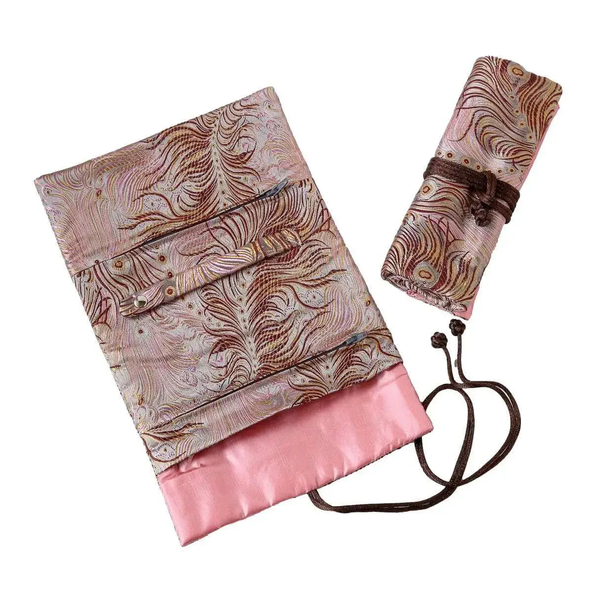 Peacock Feather Brocade Jewelry Roll - Multiple Colors