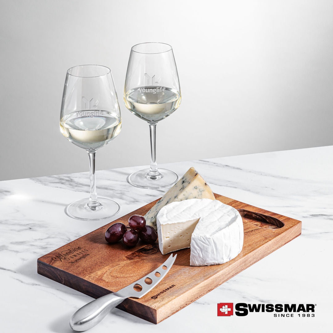 Custom Swissmar Acacia Board & Wine Glasses Set