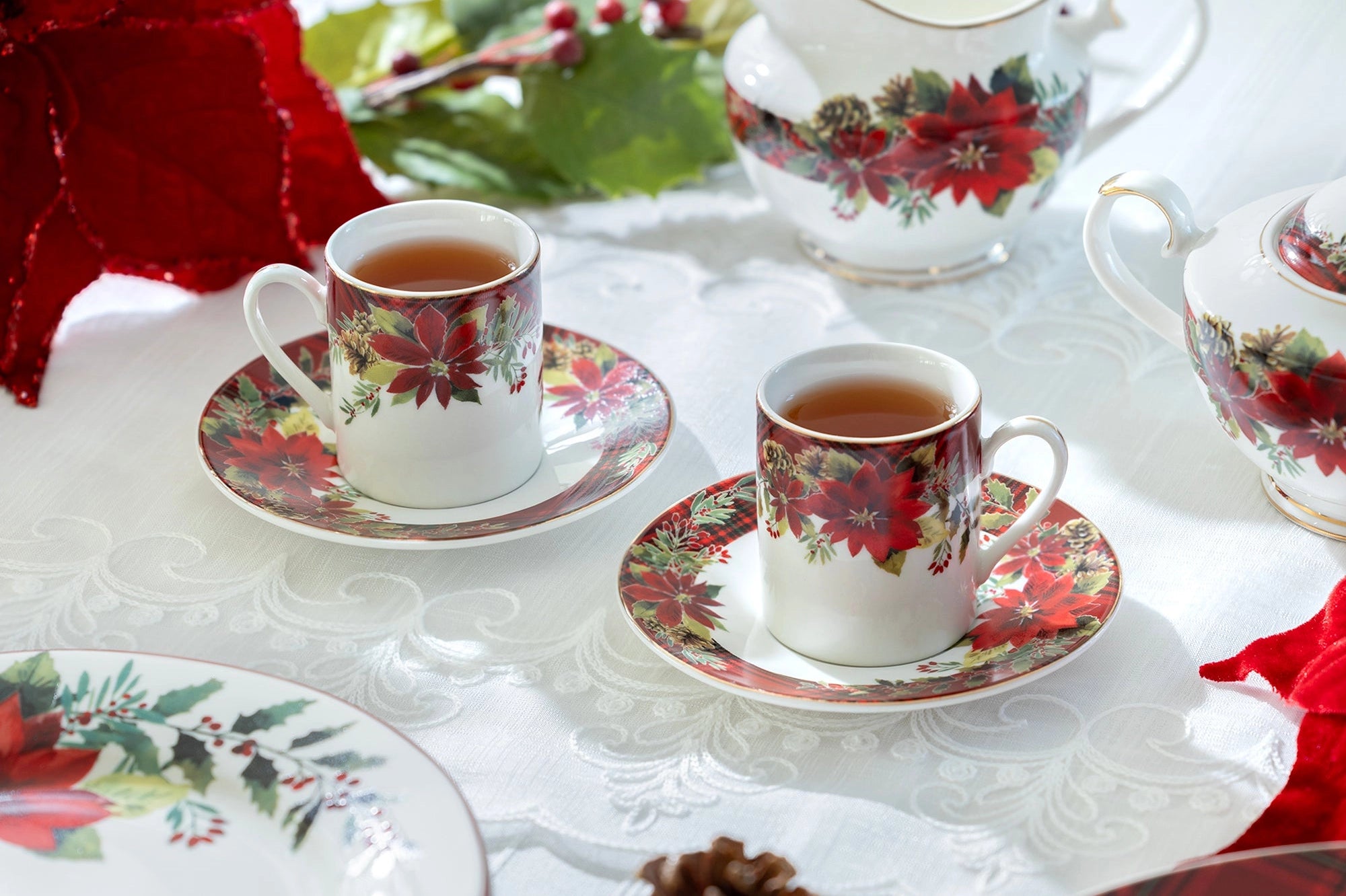 Poinsettia Pine Cone Demitasse Cup and Saucer Gift Set