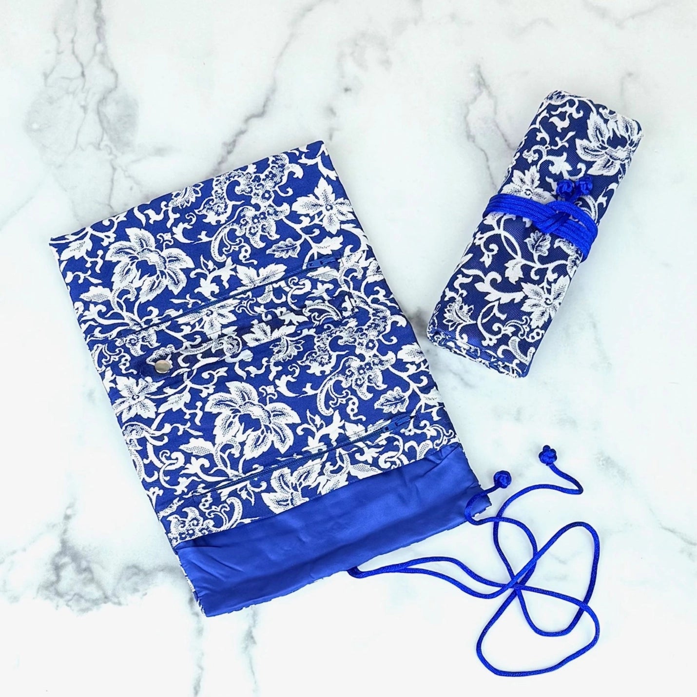 Blue & White Brocade Jewelry Rolls, Travel Jewelry Pouch