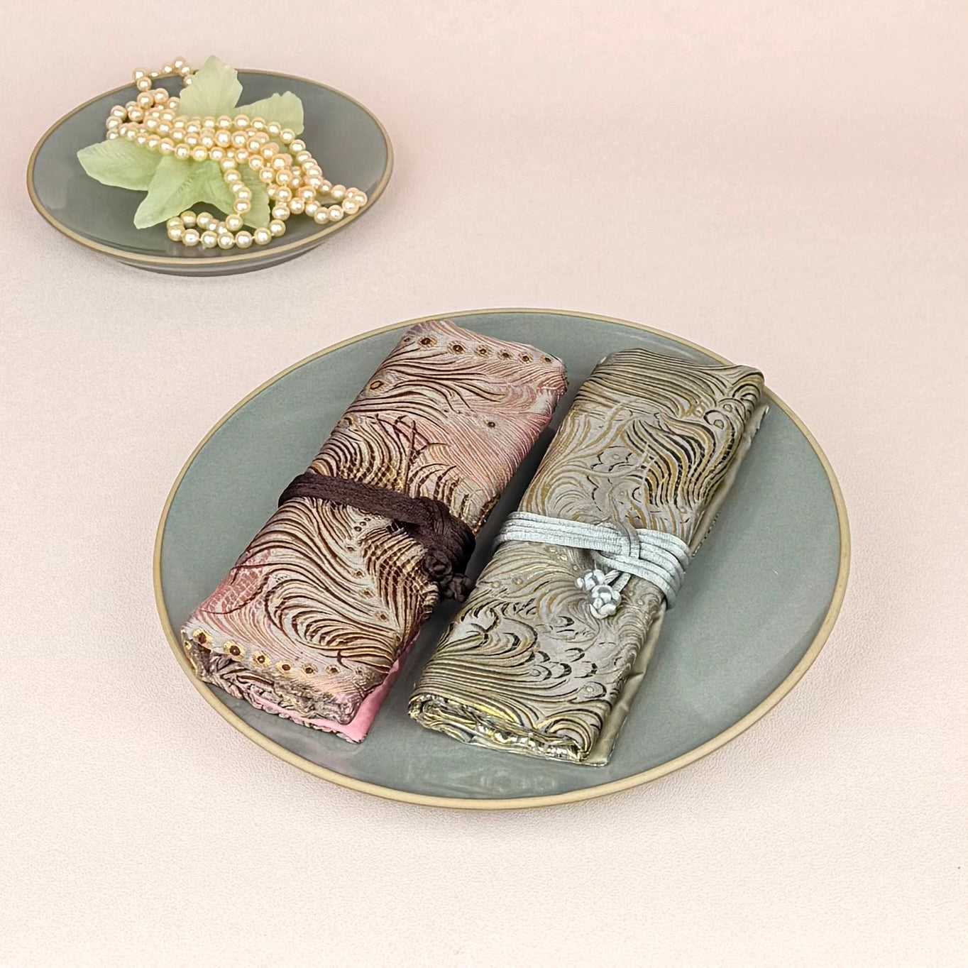 Peacock Feather Brocade Jewelry Roll - Multiple Colors