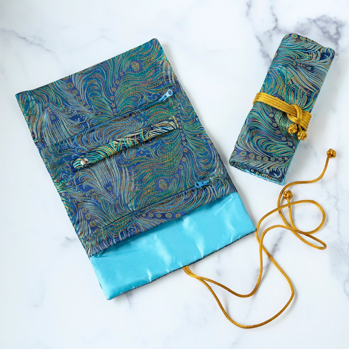 Peacock Feather Brocade Jewelry Roll - Multiple Colors