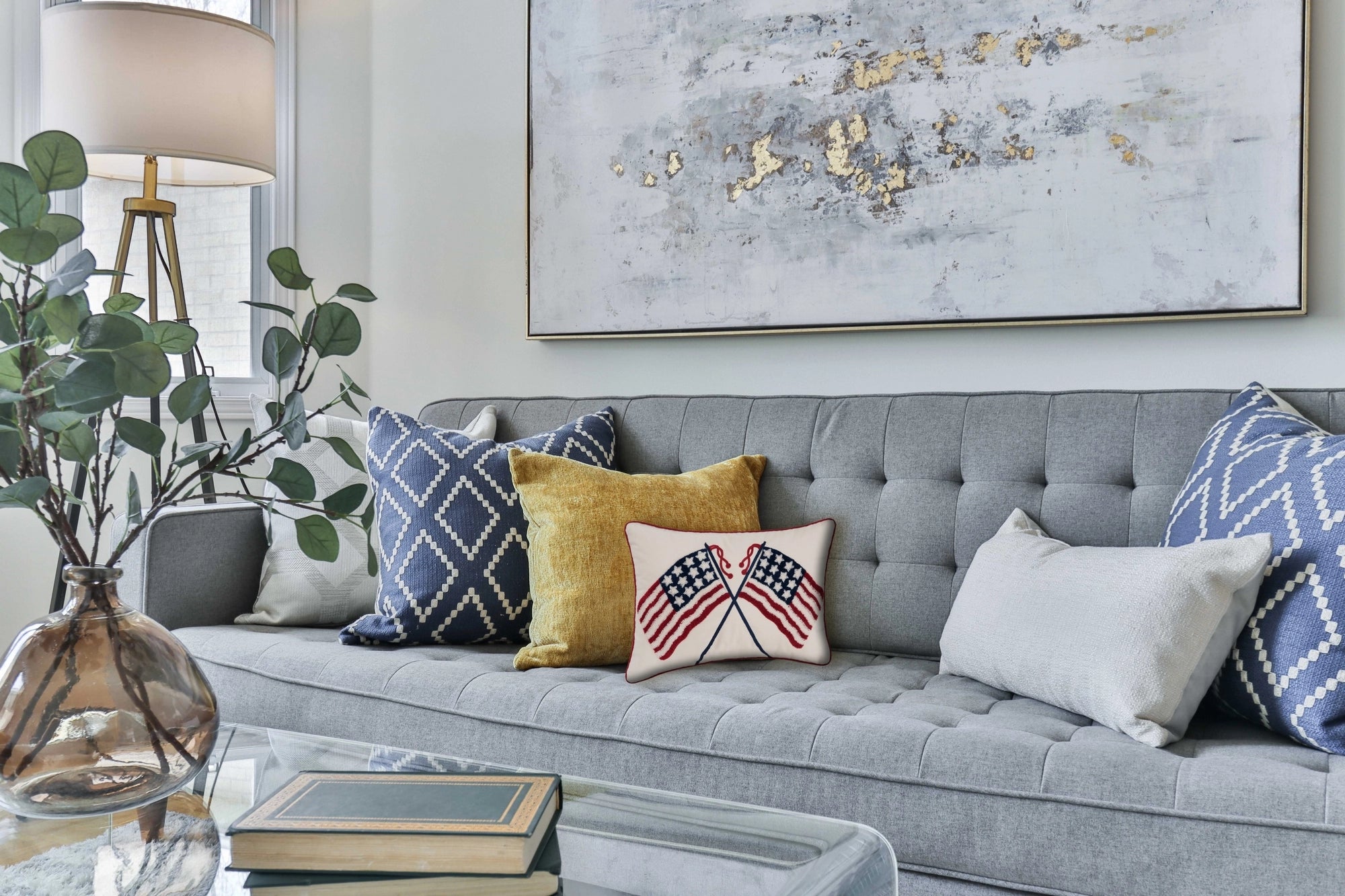 Patriotic Double US Flag 4th of July Throw Pillow