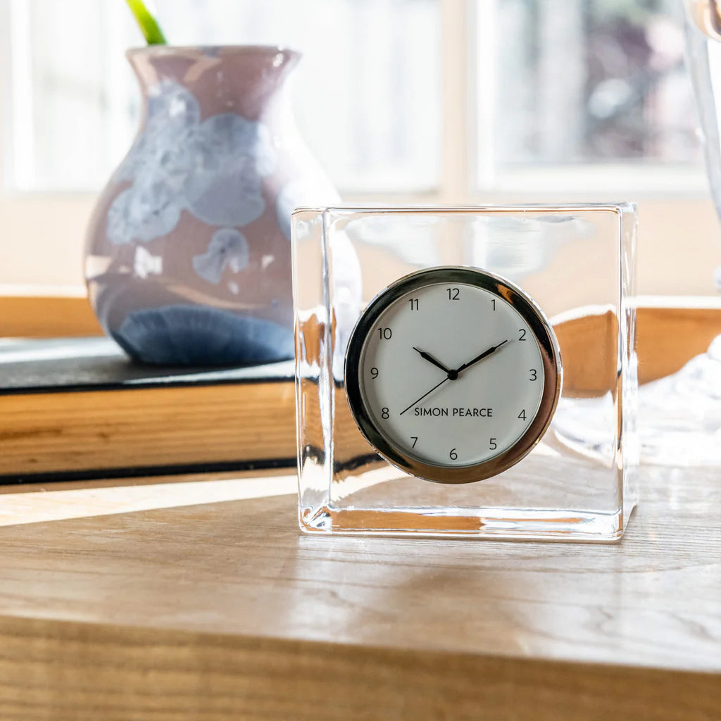 Simon Pearce Desk Clock & Leather Paperweight Set