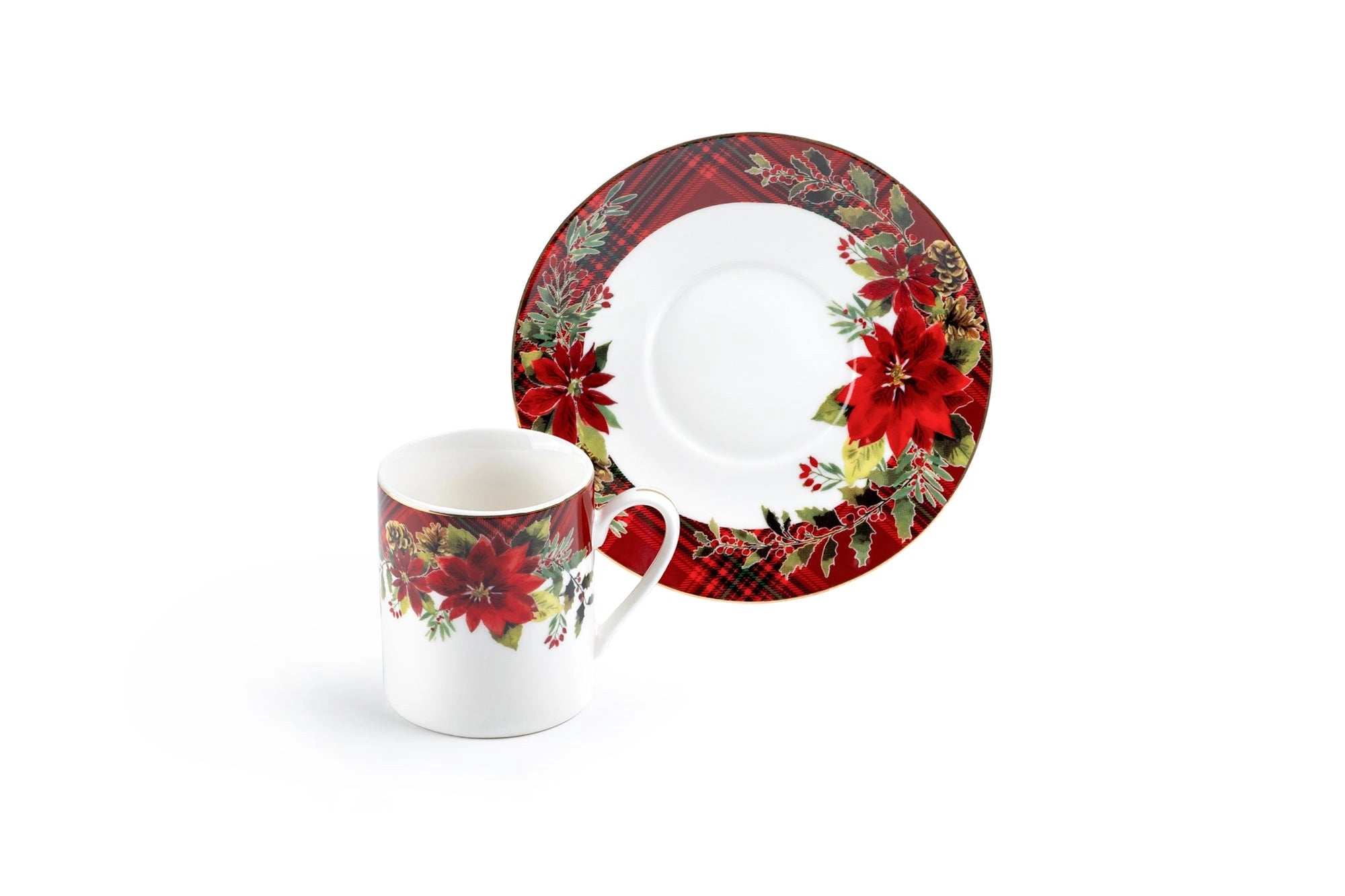 Poinsettia Pine Cone Demitasse Cup and Saucer Gift Set
