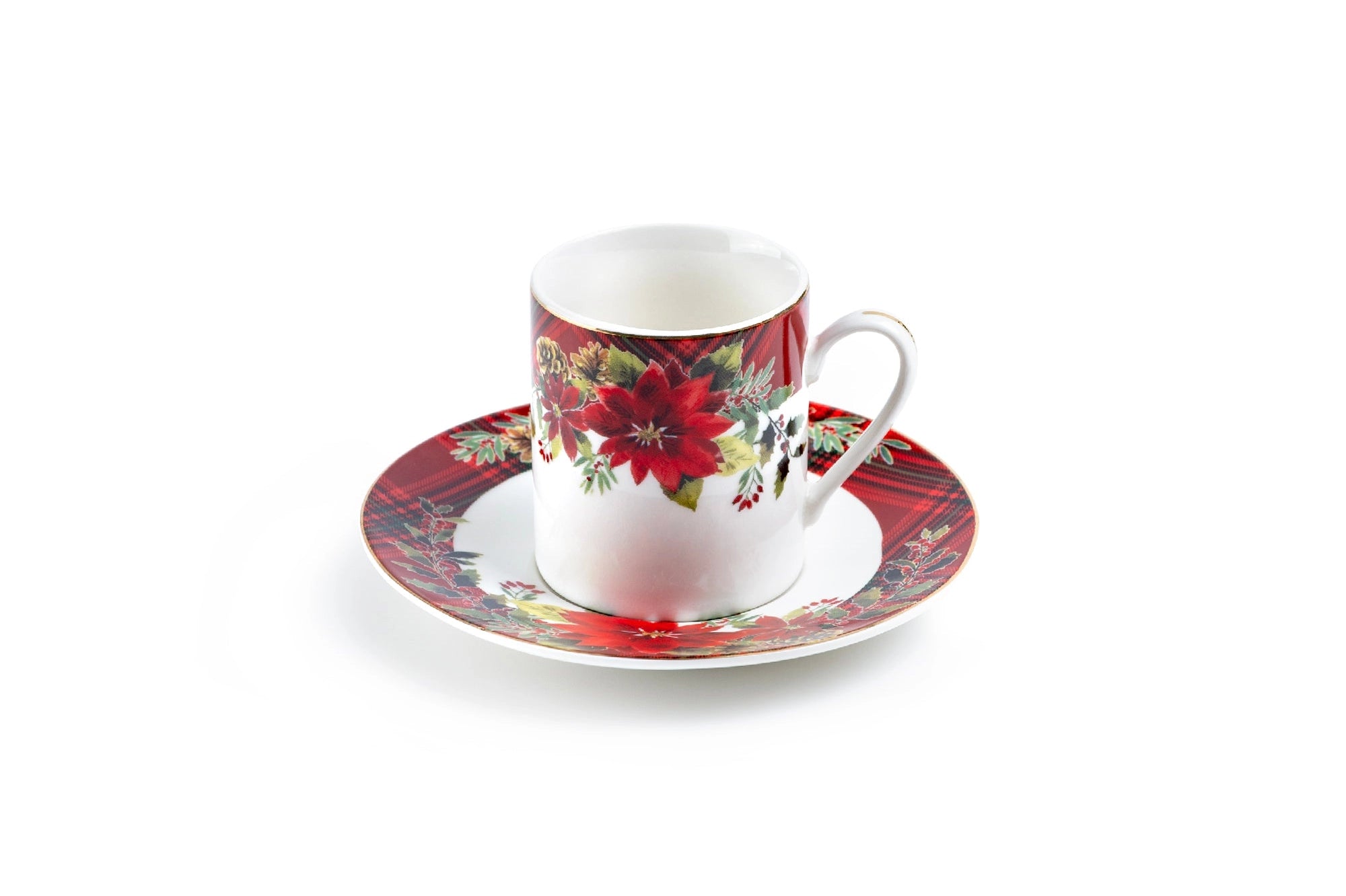 Poinsettia Pine Cone Demitasse Cup and Saucer Gift Set