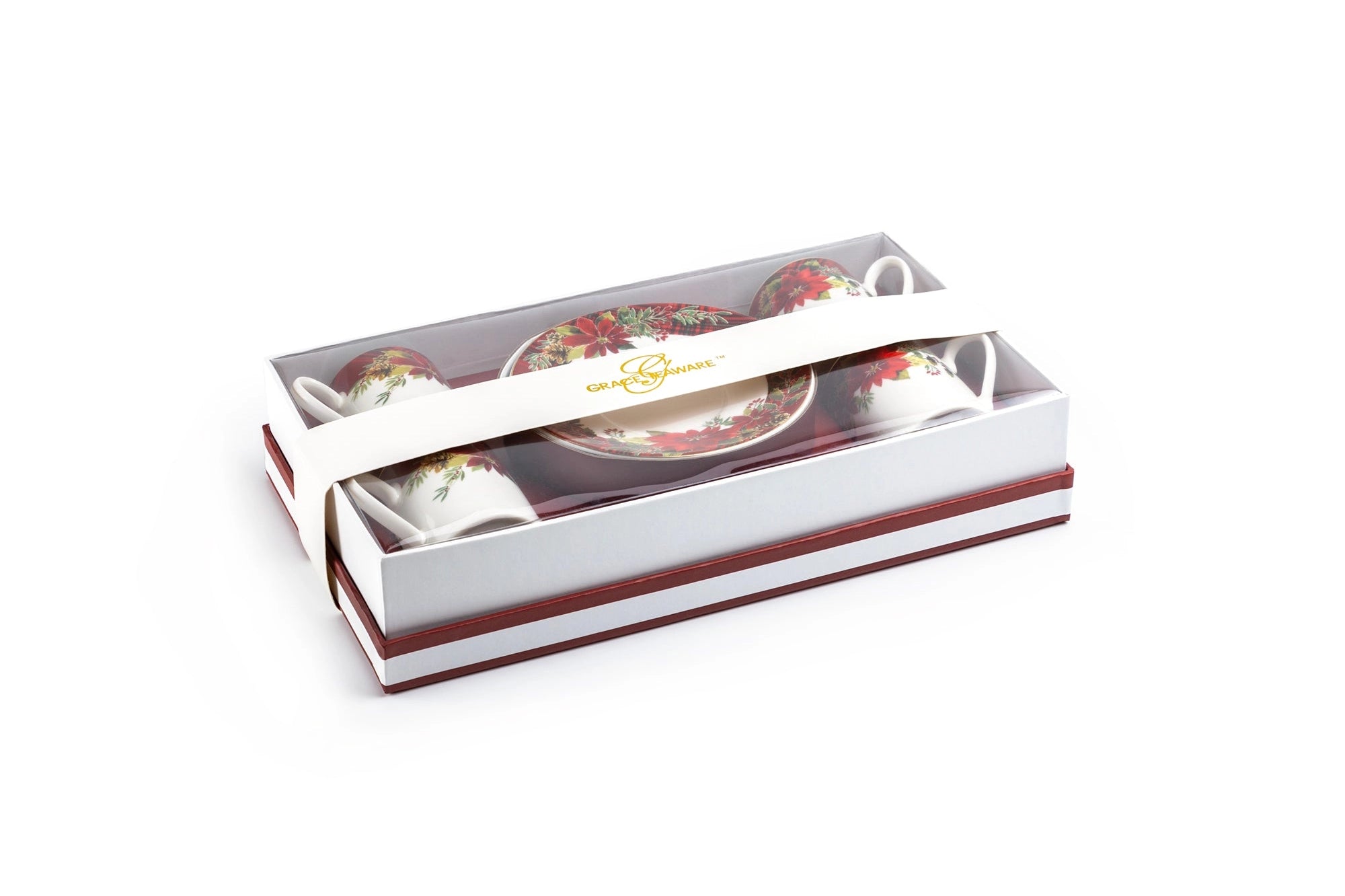 Poinsettia Pine Cone Demitasse Cup and Saucer Gift Set