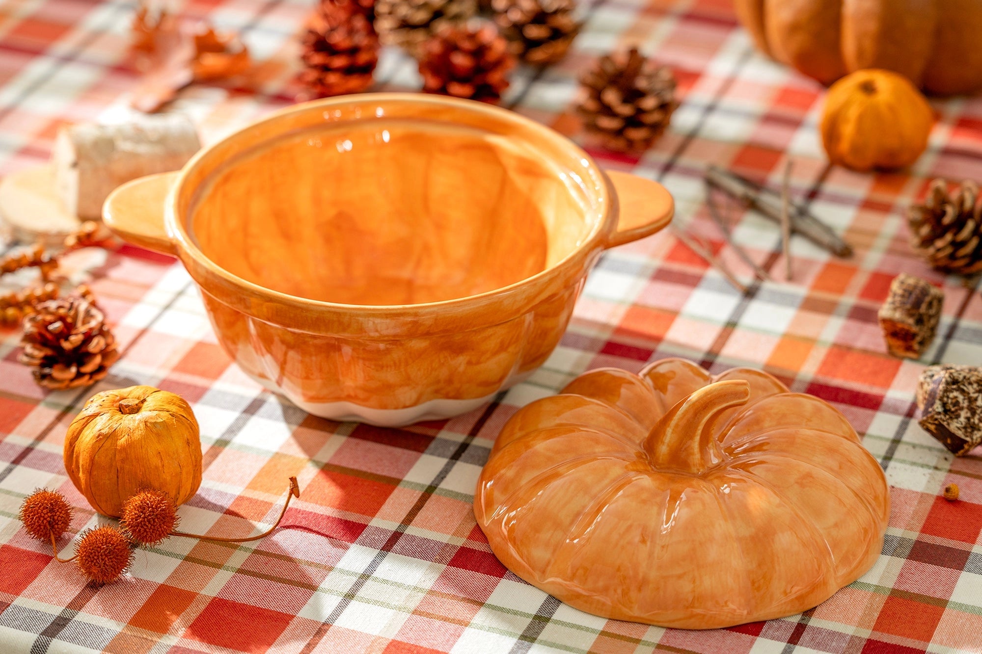 Orange Pumpkin Figural Reactive Glaze Baking Dish with Lid - Thumbnail 3