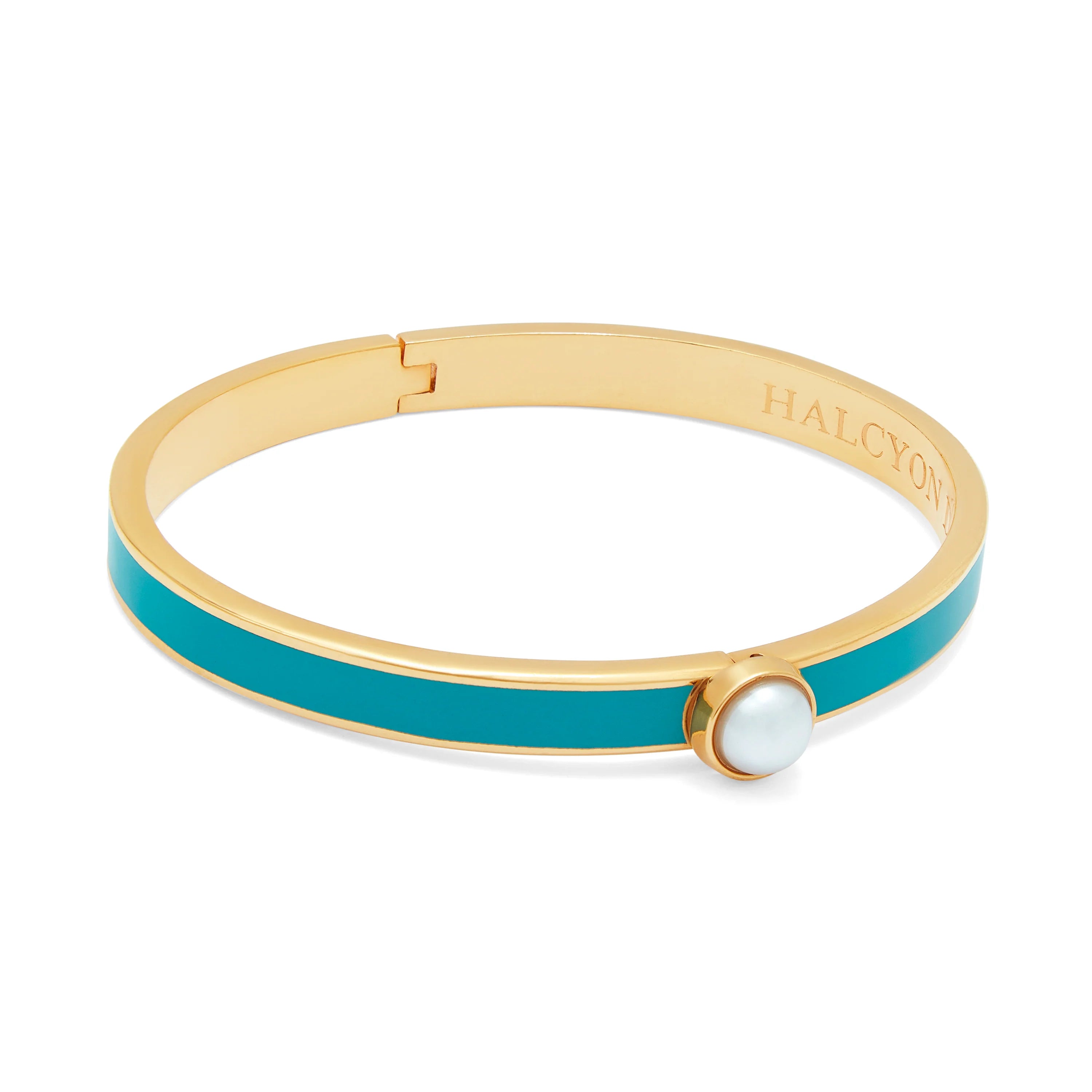 Skinny Cabochon Pearl Turquoise & Gold Bangle