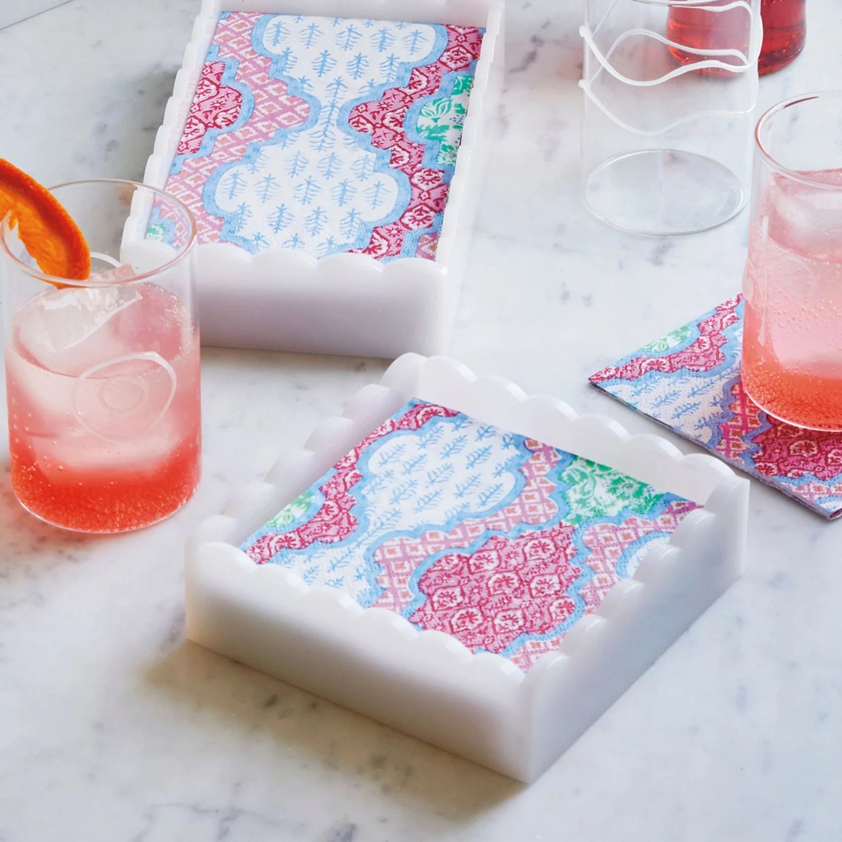 Provencal Cotton Pink White Scalloped Cocktail Napkin Box Set