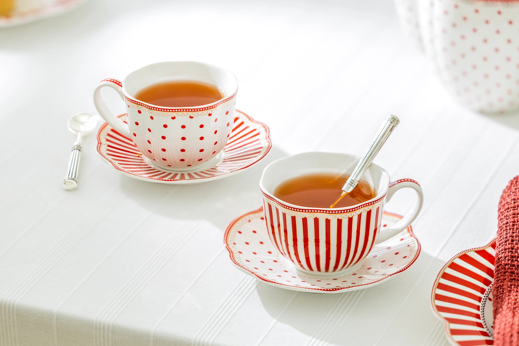 Red Josephine Stripes and Dots Fine Porcelain Cup and Saucer Sets