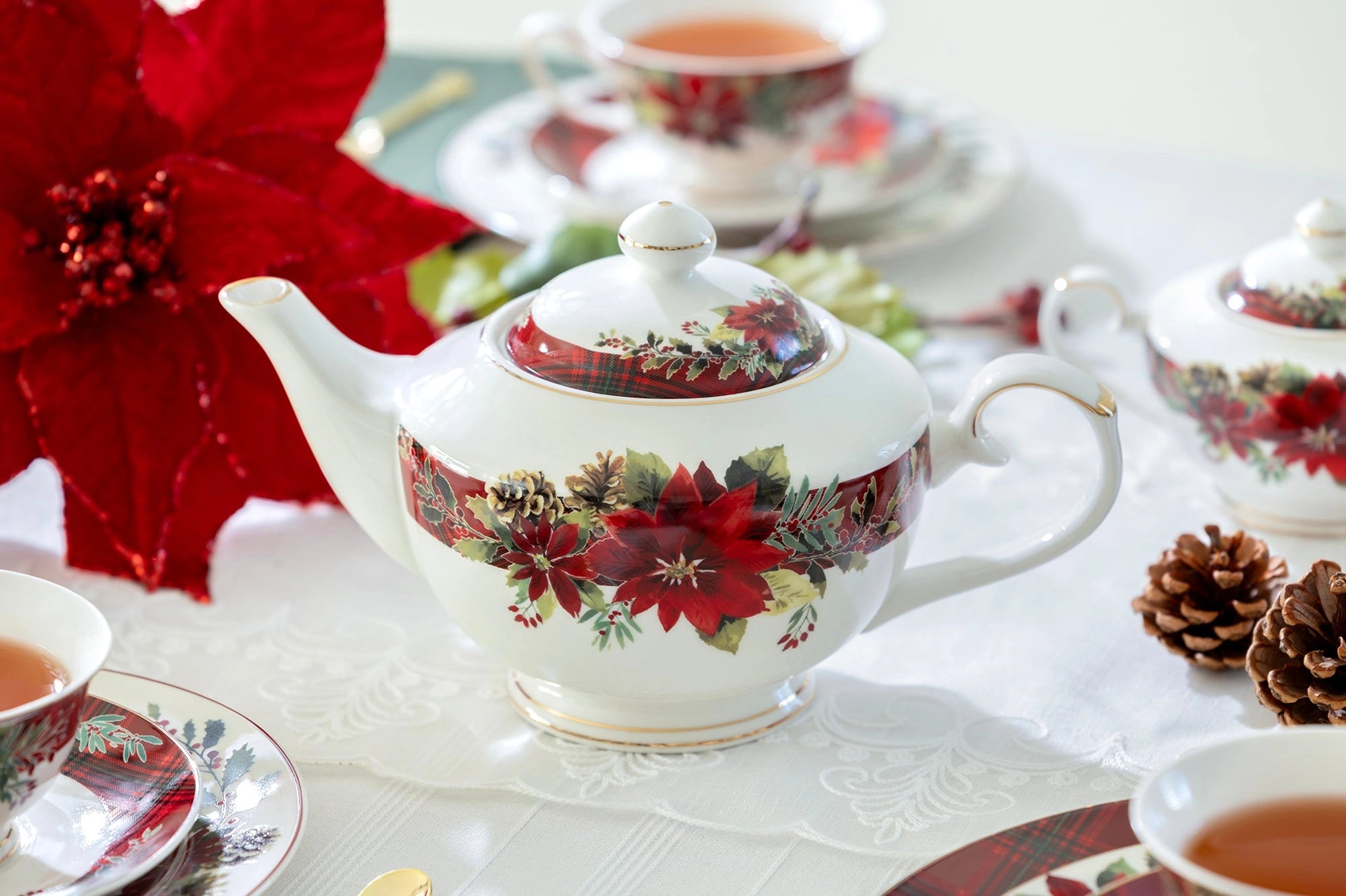 Poinsettia Pine Cone Fine Porcelain Teapot