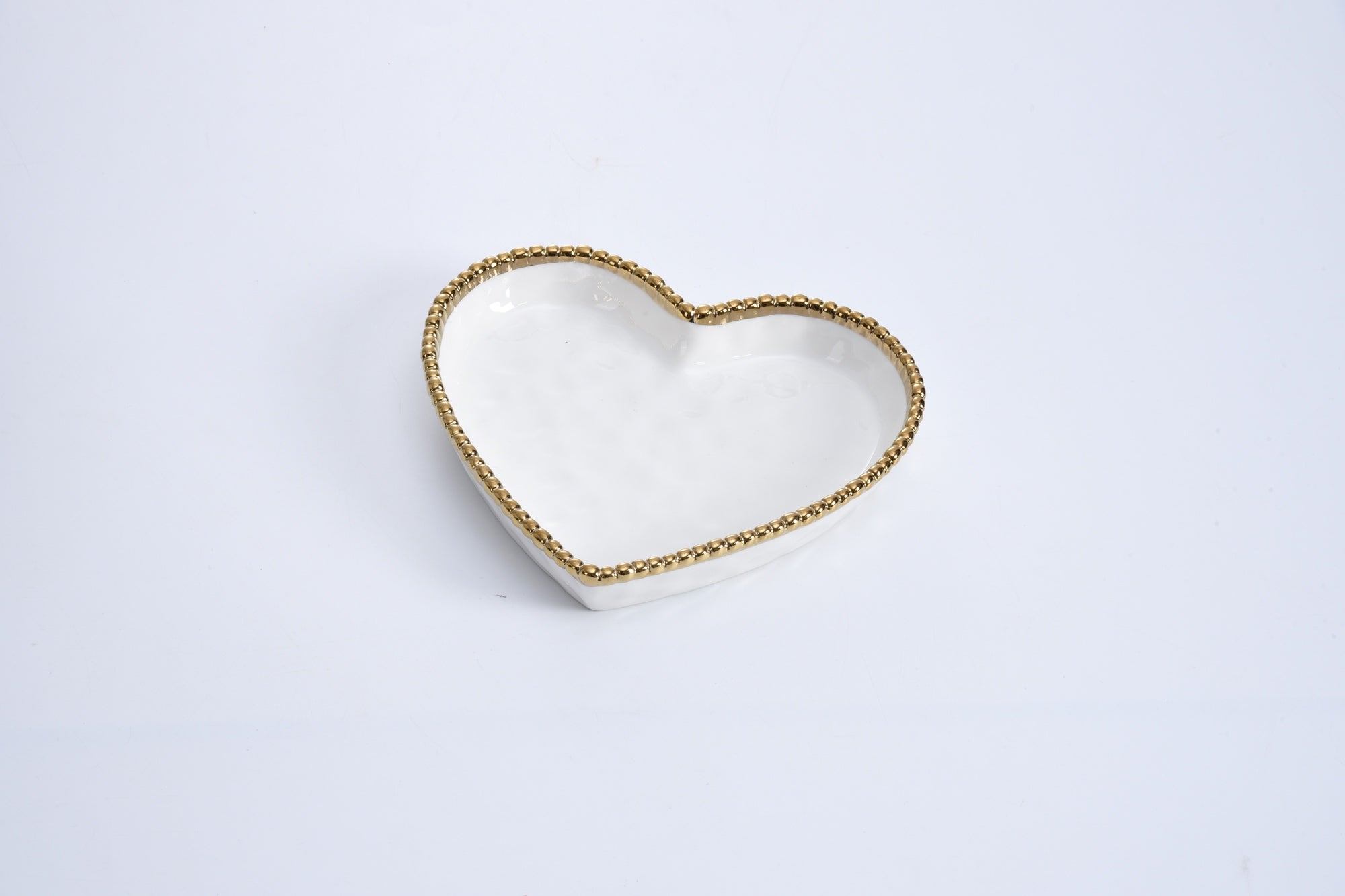 White & Gold Beaded Heart Dish