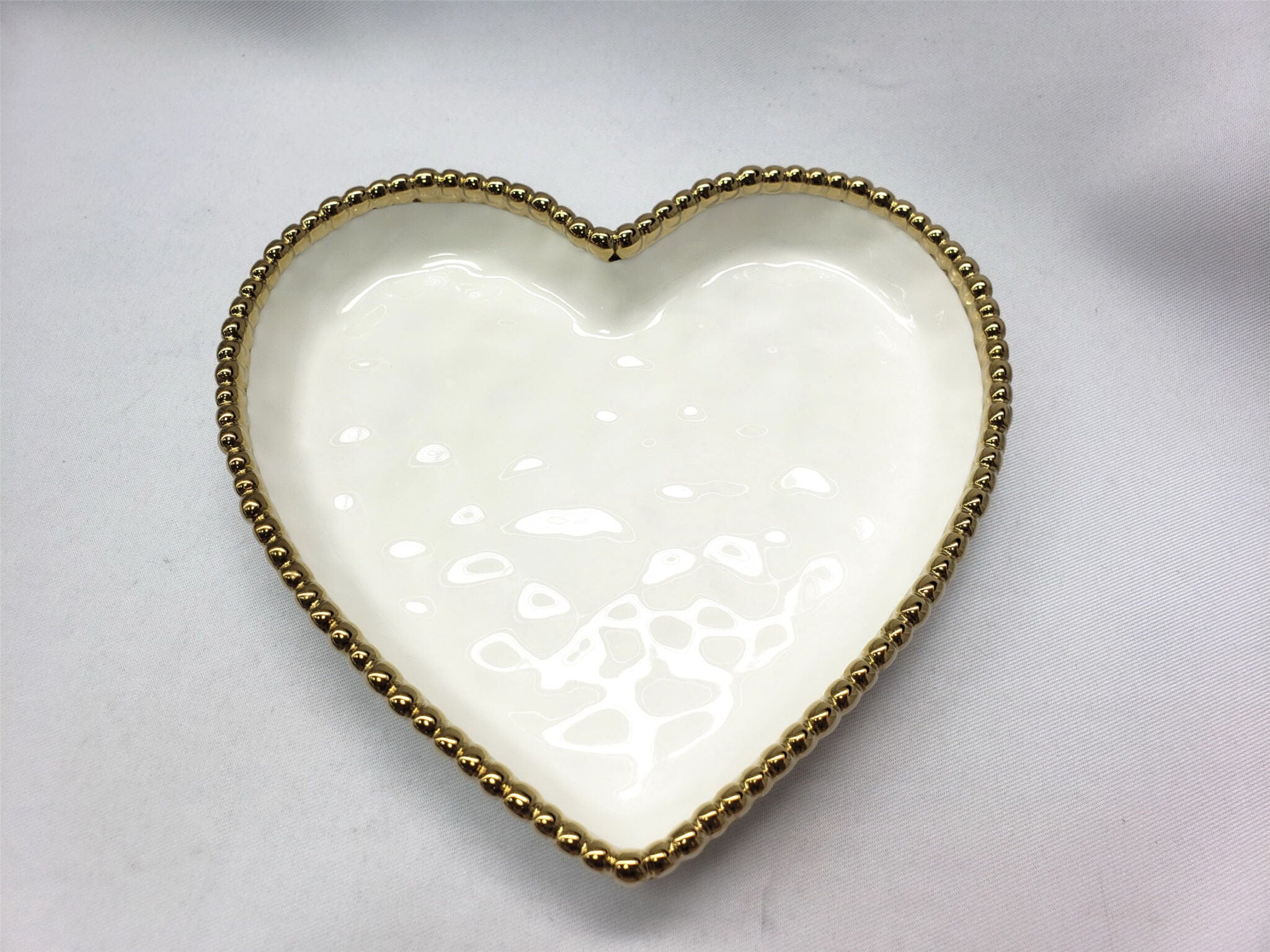 White & Gold Beaded Heart Dish