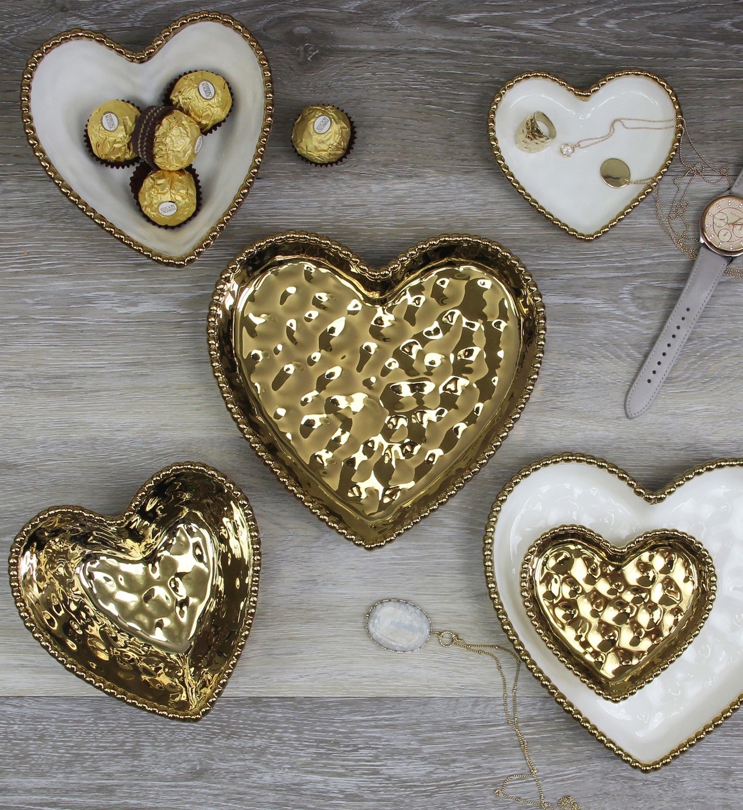 White & Gold Beaded Heart Dish