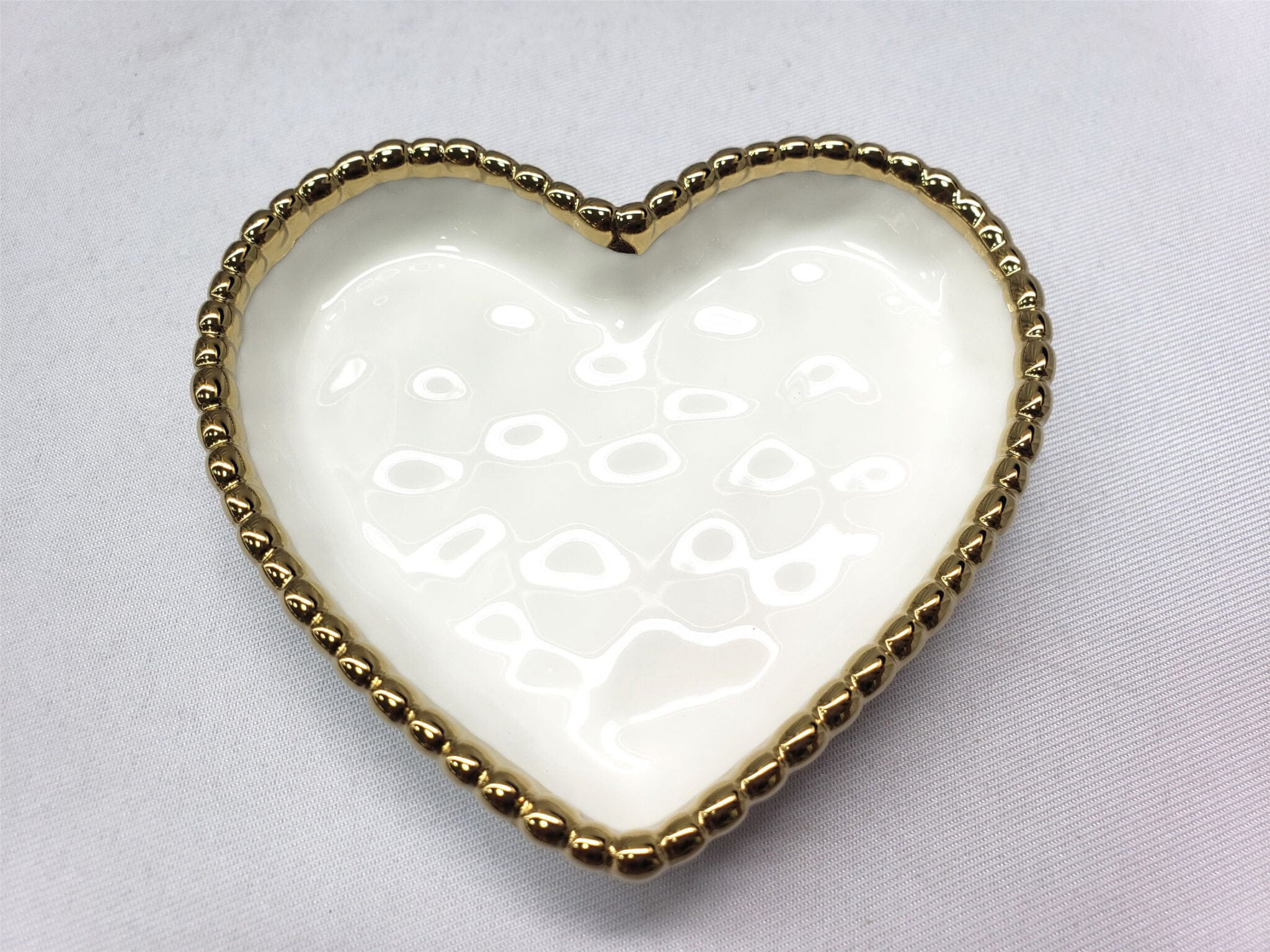 White & Gold Beaded Heart Dish