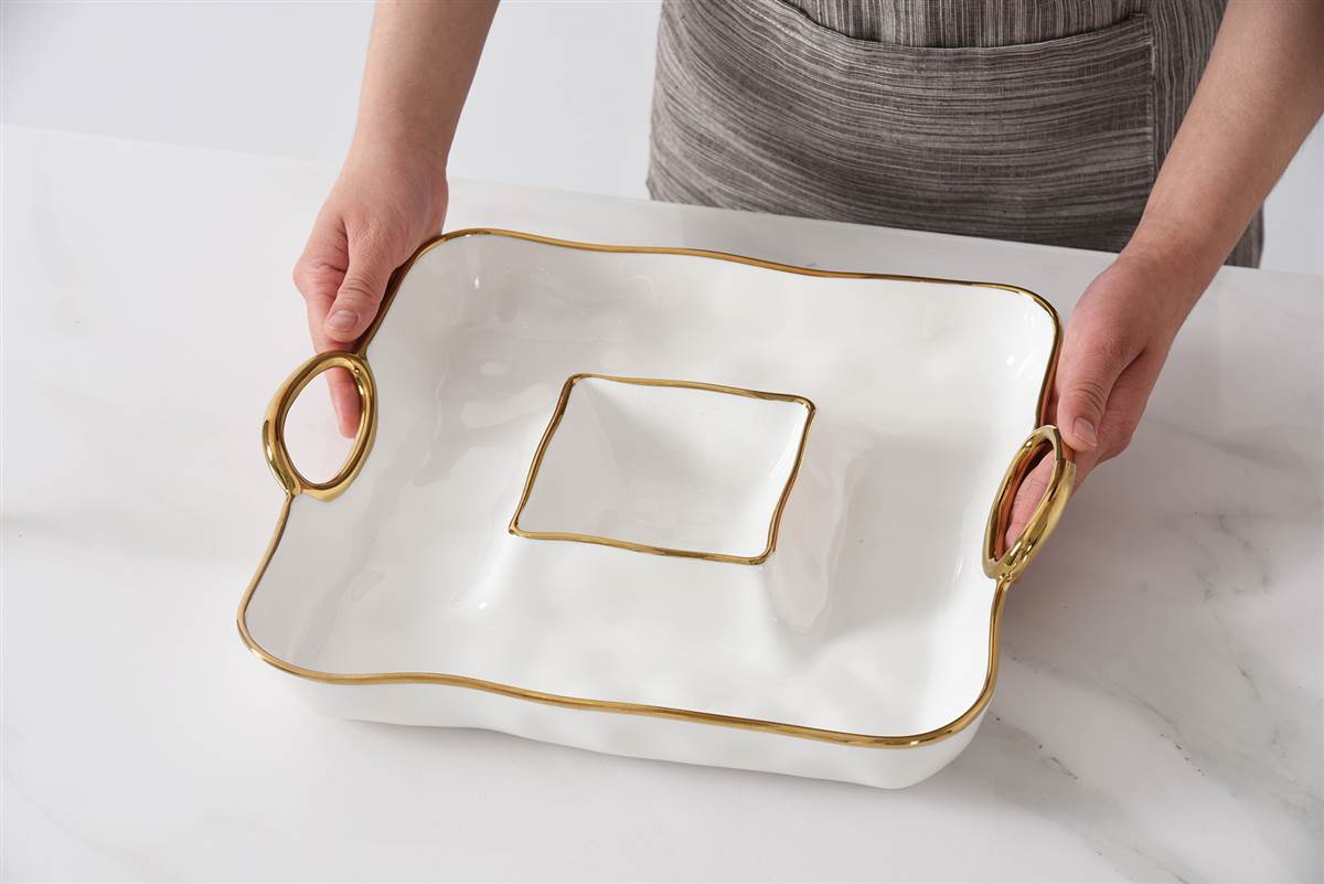 Square Chip & Dip - White Porcelain W/ Gold Handles