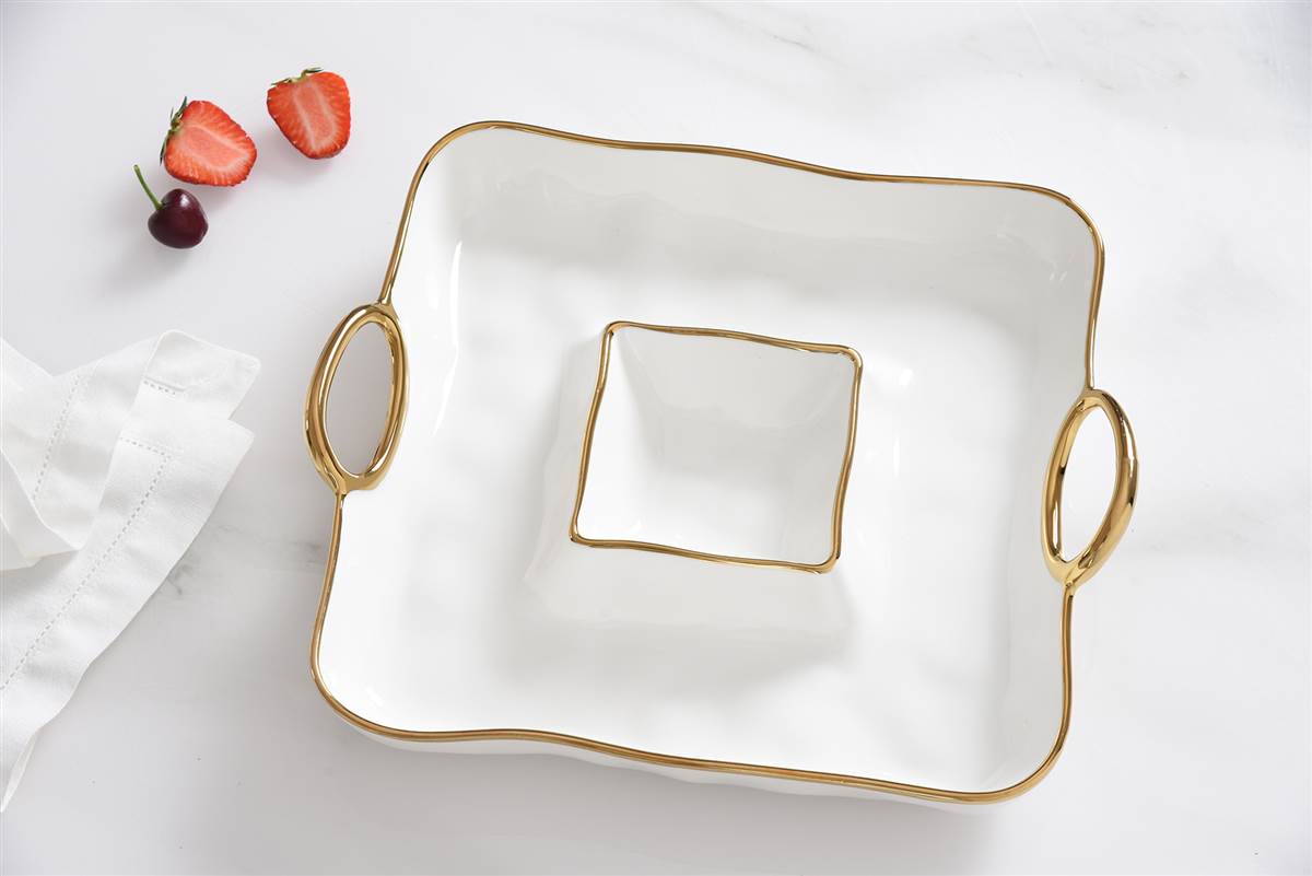 Square Chip & Dip - White Porcelain W/ Gold Handles