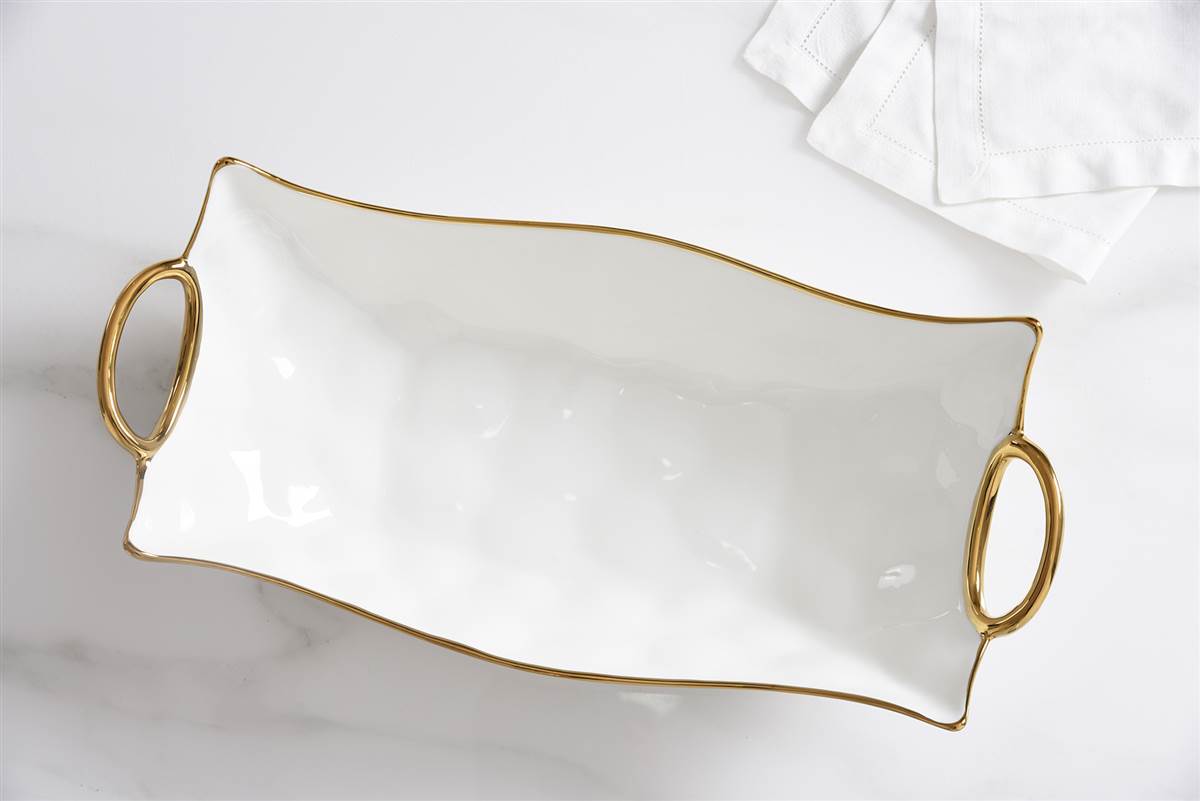 Rectangular Centerpiece - White Porcelain W/ Gold Handles