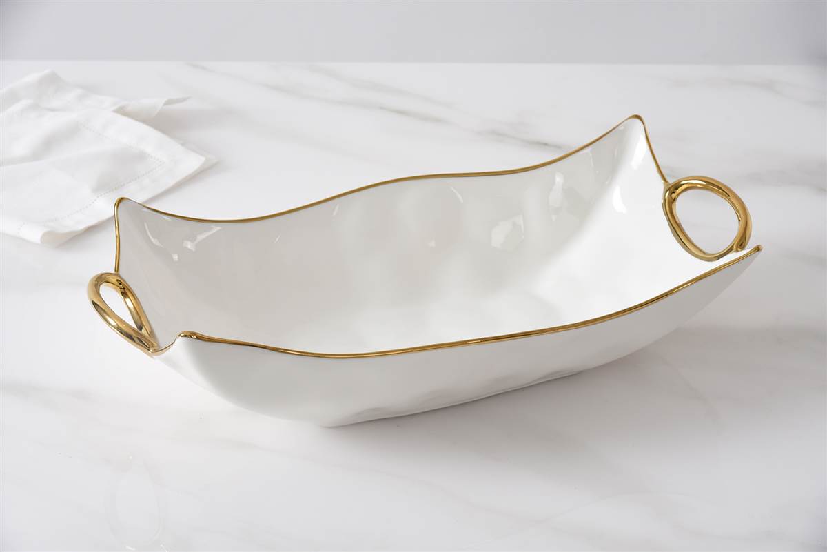 Rectangular Centerpiece - White Porcelain W/ Gold Handles