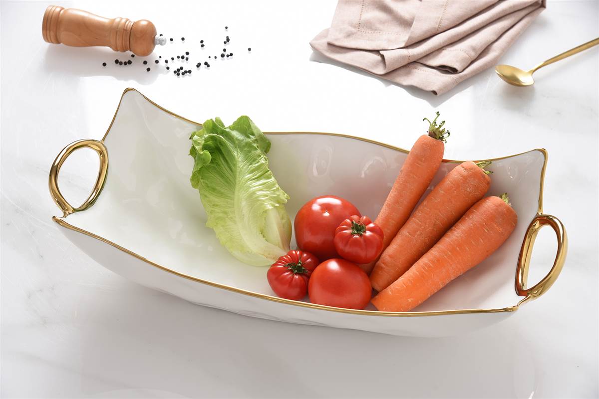 Rectangular Centerpiece - White Porcelain W/ Gold Handles