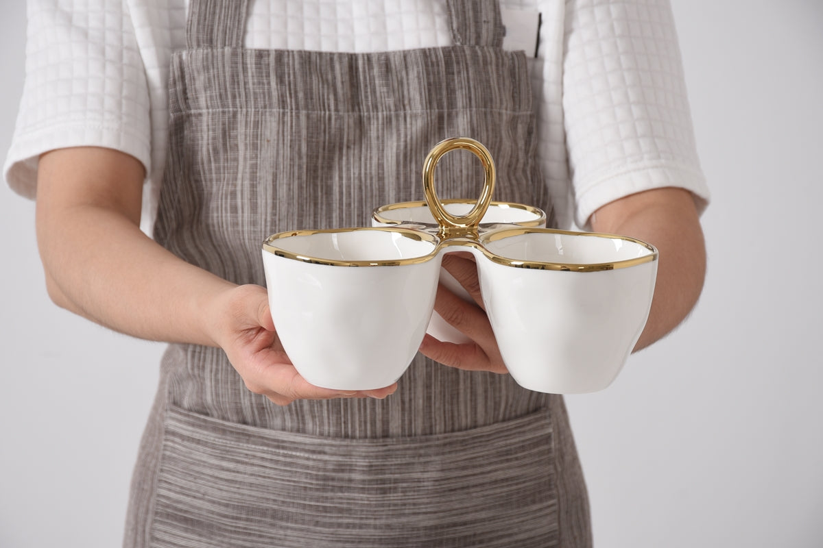 3 Part Server - White Porcelain W/ Gold Handles