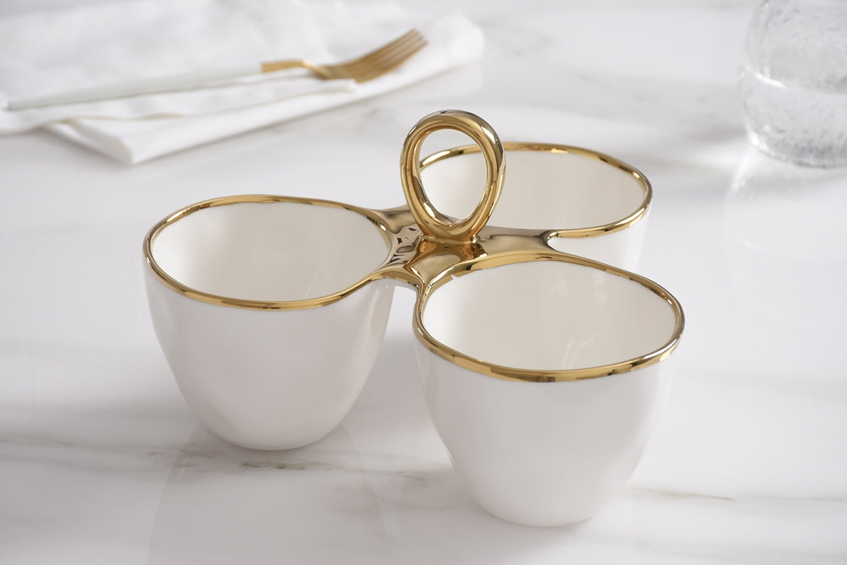 3 Part Server - White Porcelain W/ Gold Handles