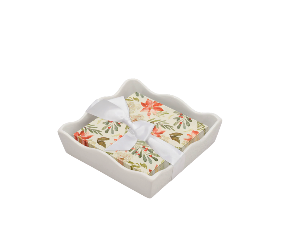 Holiday Cocktail Napkins & Ceramic Tray Set