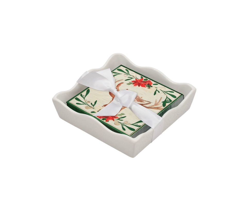 Holiday Cocktail Napkins & Ceramic Tray Set