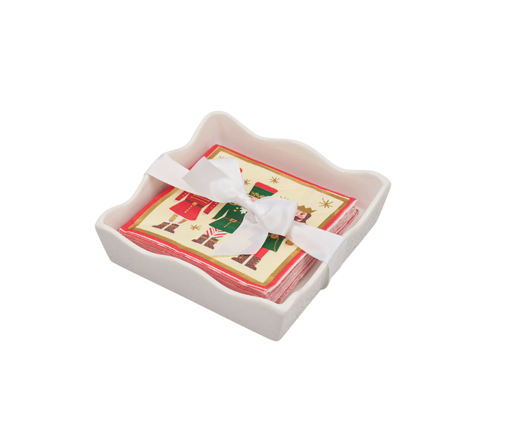 Holiday Cocktail Napkins & Ceramic Tray Set