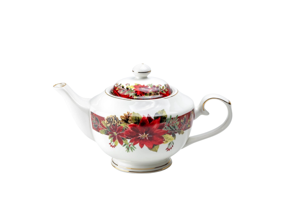 Poinsettia Pine Cone Fine Porcelain Teapot