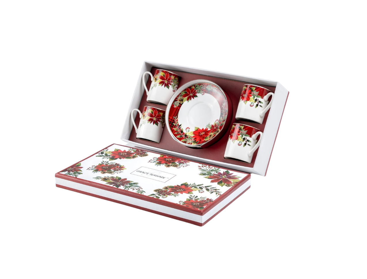 Poinsettia Pine Cone Demitasse Cup and Saucer Gift Set