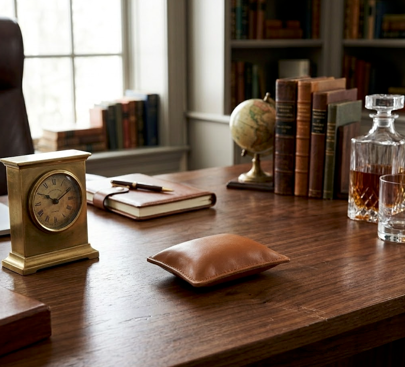 Simon Pearce Desk Clock & Leather Paperweight Set