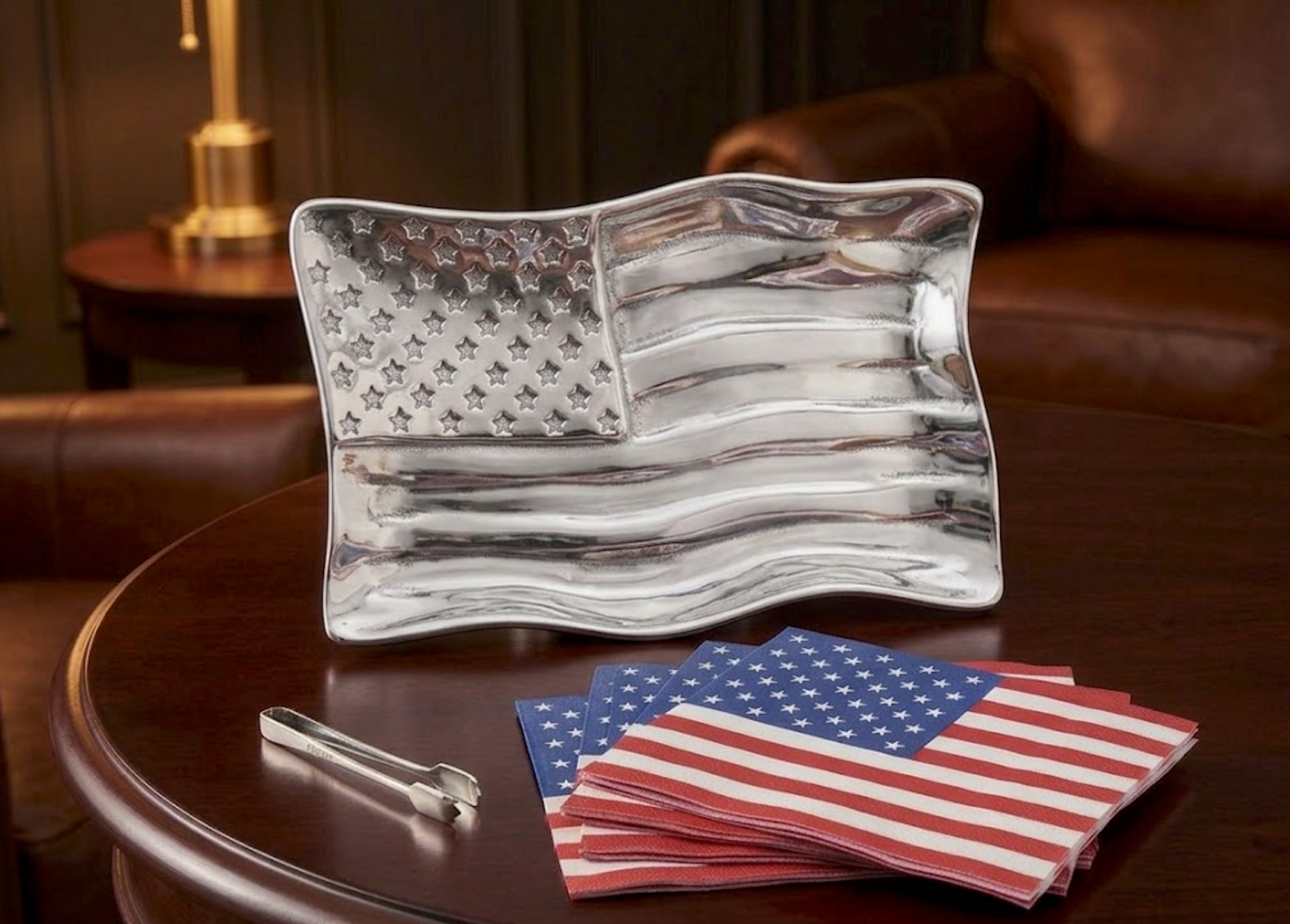 American Flag Silver Dish & Patriotic Chocolate Pretzels Set
