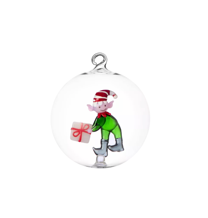 Ichendorf Green Elf with Gift Holiday Round Glass Ornament