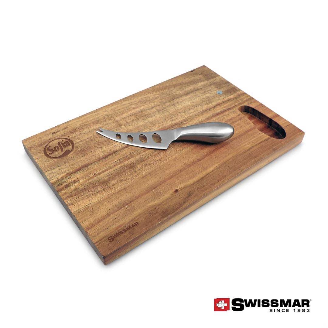 Custom Swissmar Acacia Board & Wine Glasses Set