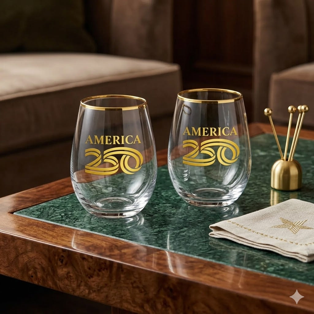 America 250 Co-Branded Gold Rim Stemless Wine Glass Set