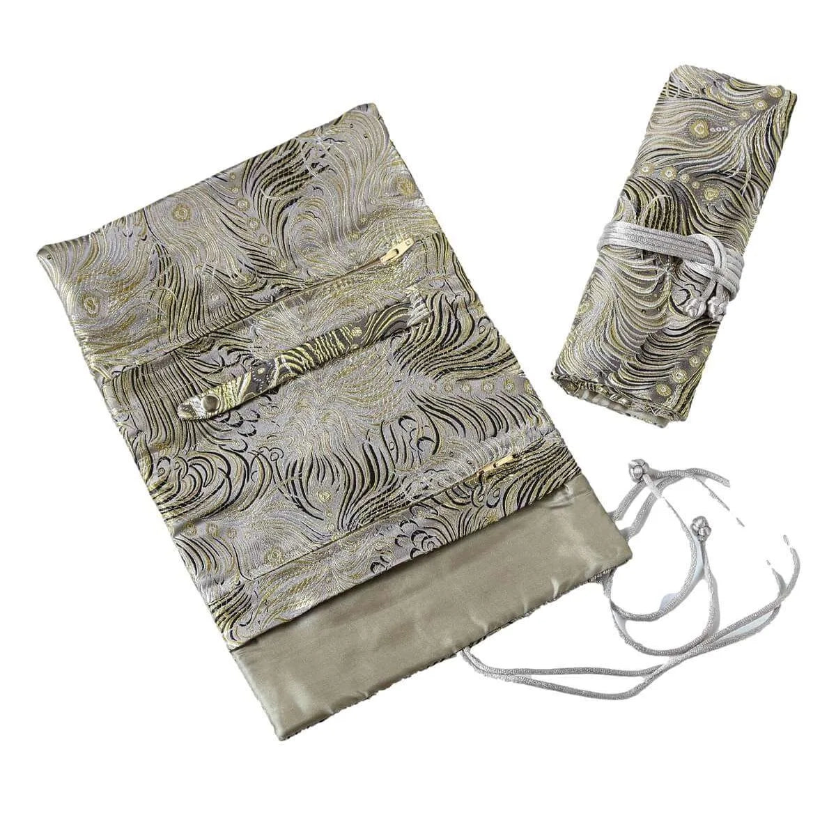 Peacock Feather Brocade Jewelry Roll - Multiple Colors