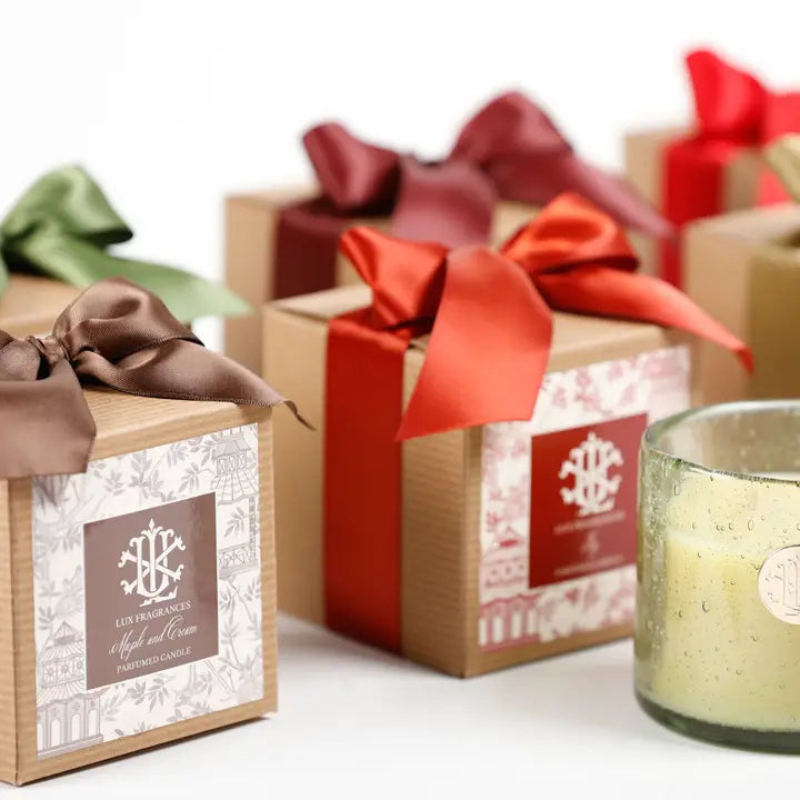 13 oz Fall Candle in Green Glass in Box With Bow