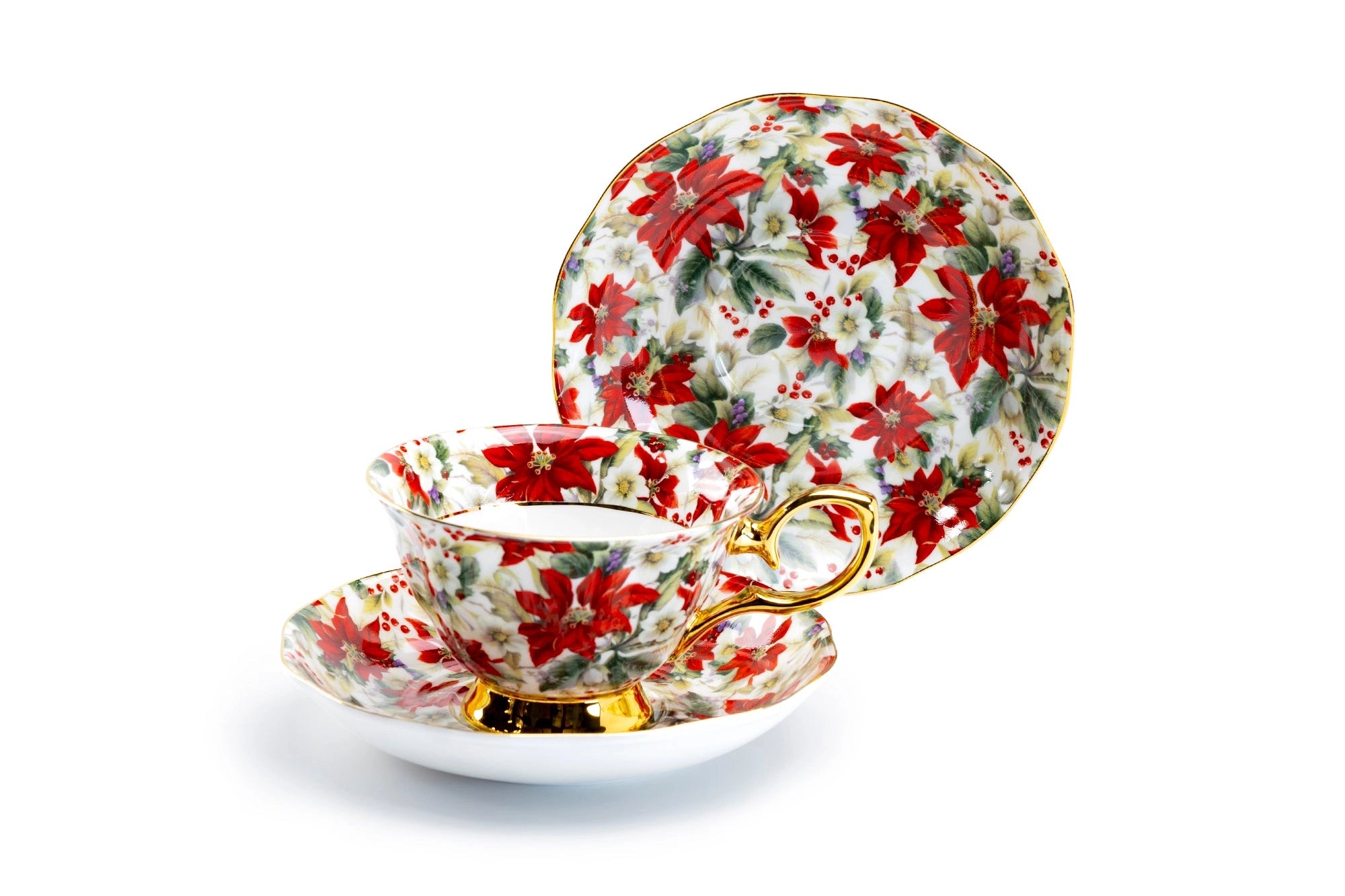 7 oz Poinsettia Chintz Gold Bone China Tea Cup and Saucer