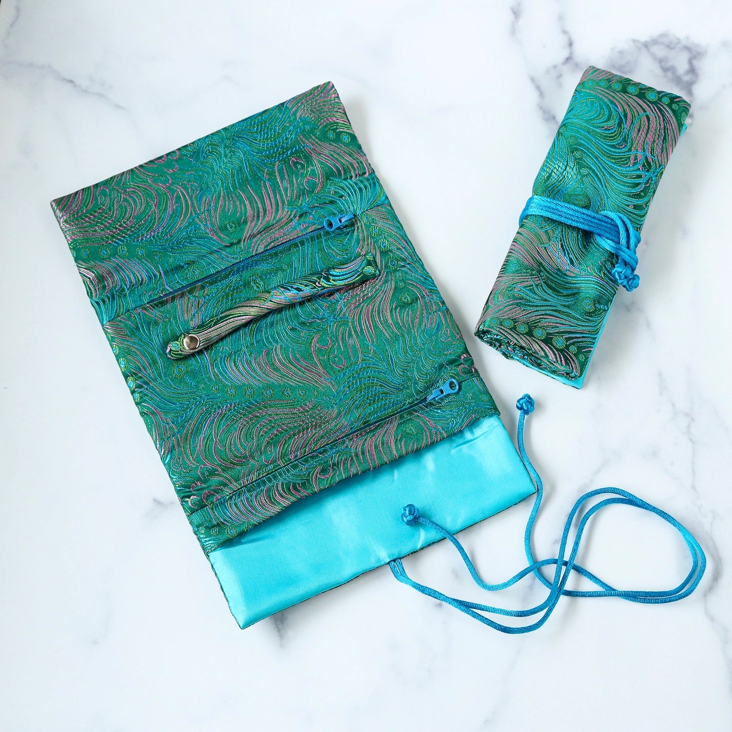 Peacock Feather Brocade Jewelry Roll - Multiple Colors