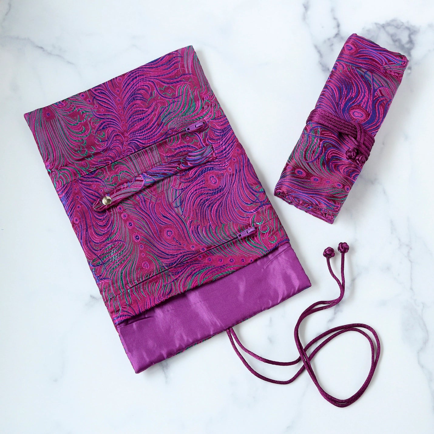Peacock Feather Brocade Jewelry Roll - Multiple Colors