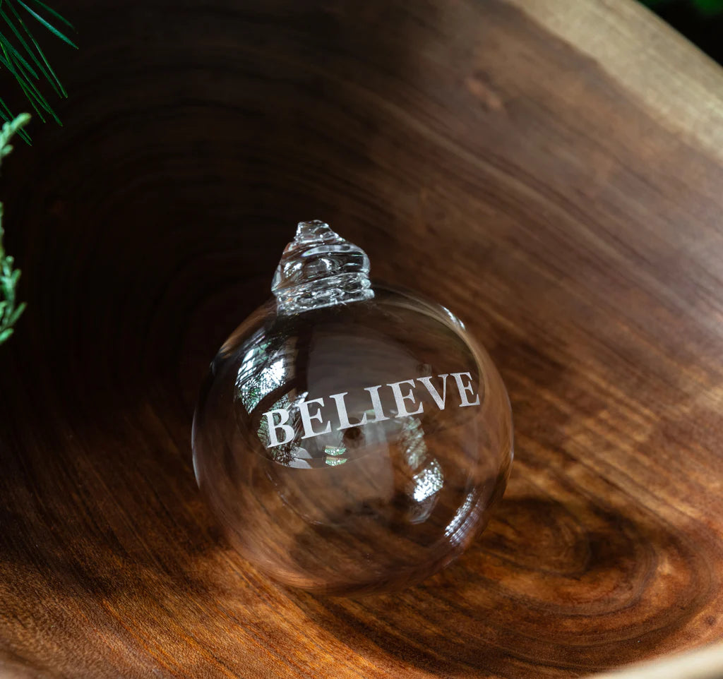Simon Pearce "Believe" Round Glass Ornament
