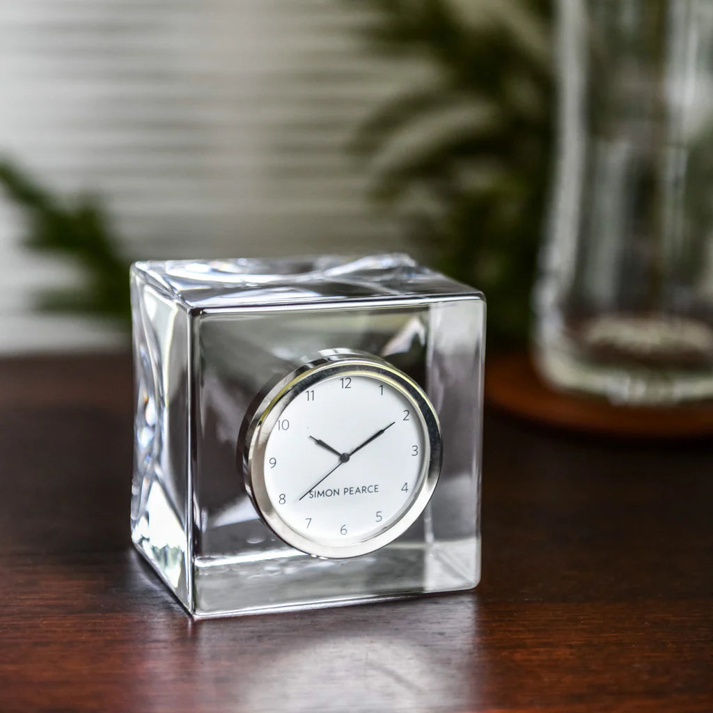 Simon Pearce Desk Clock & Leather Paperweight Set